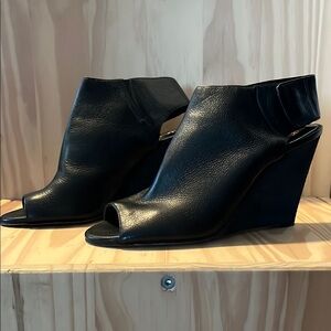 Black Leather Peep-Toe Wedge Shoes